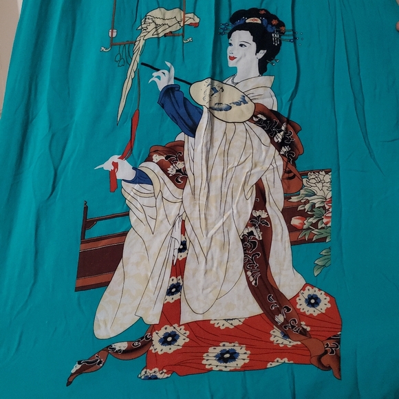Novelty Japanese "Lady & Parrot" Vintage 90's Turquoise Summer Dress - Picture 5 of 7